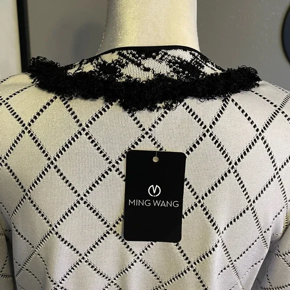 Ming Wang Black and White Diamond Patterned Fringe Jacket S - Picture 7 of 10
